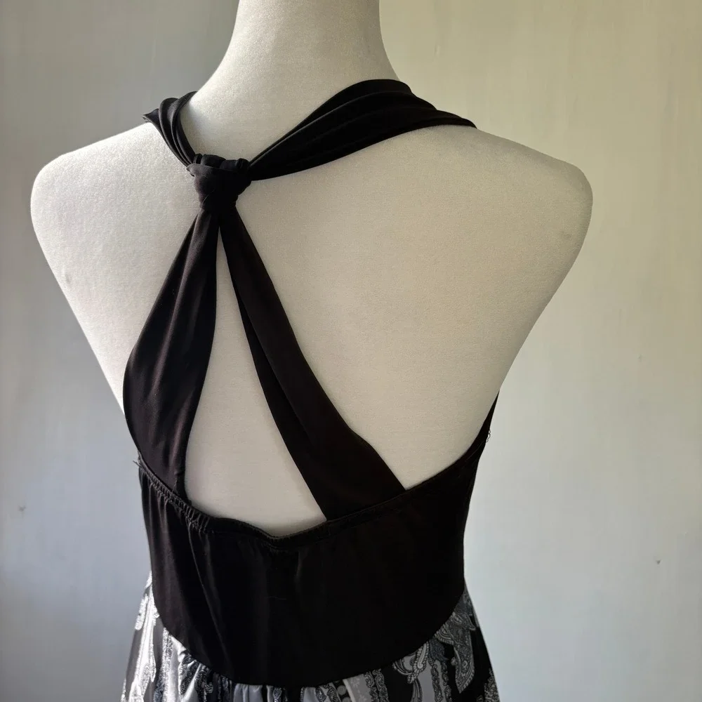Medium Halter Dress MUSA USA Black Paisley Handkerchief Hem V‎ Neck Size Med y2k